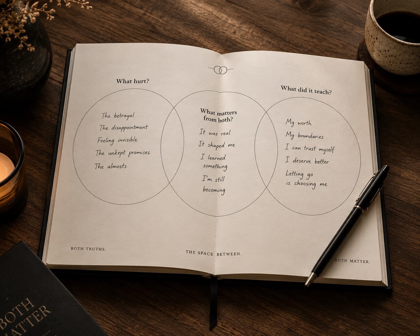 Open Both Matter journal spread with reflection prompts about hurt and what it taught.
