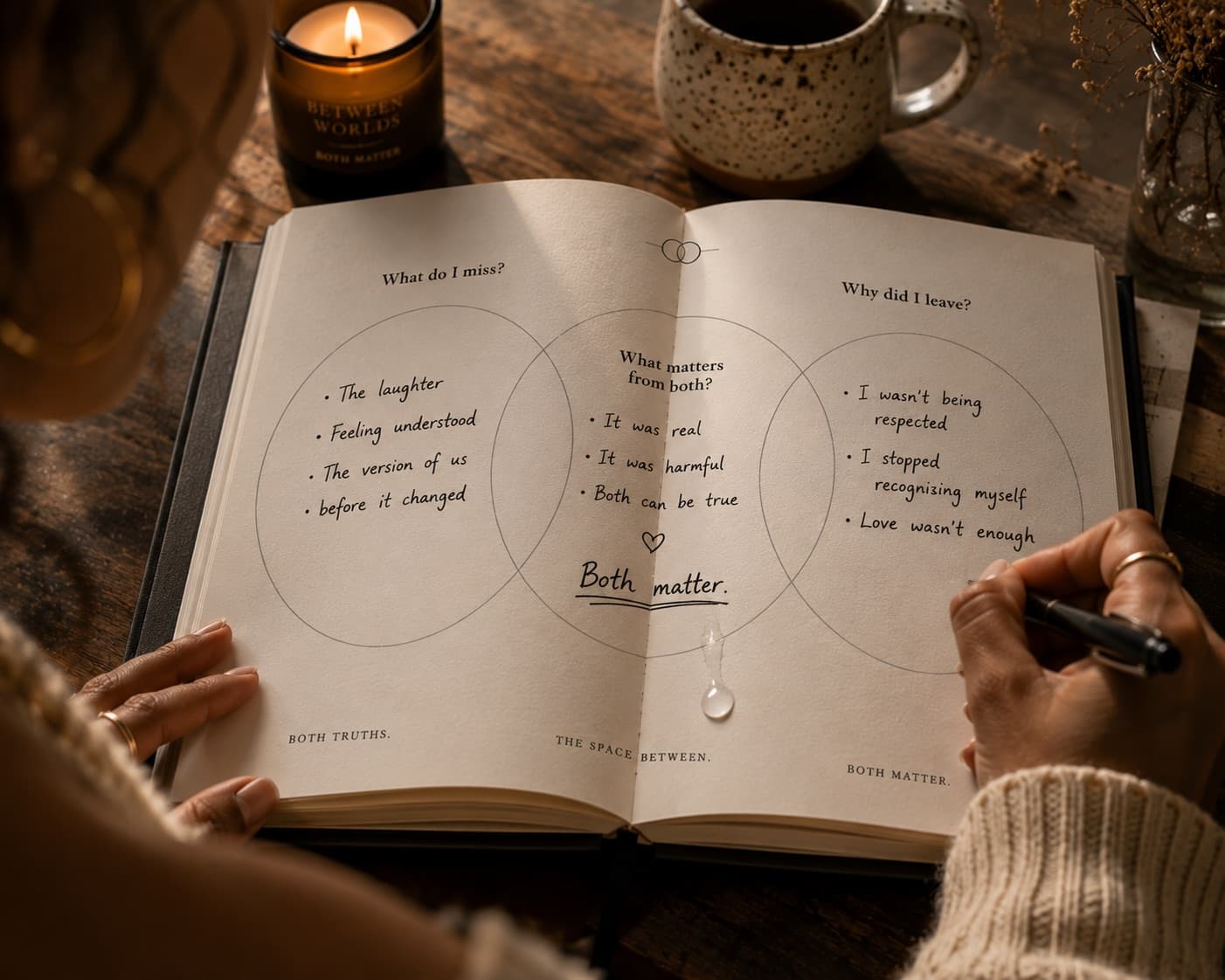 Both Matter journal open to a prompt about what is missed and why leaving mattered.