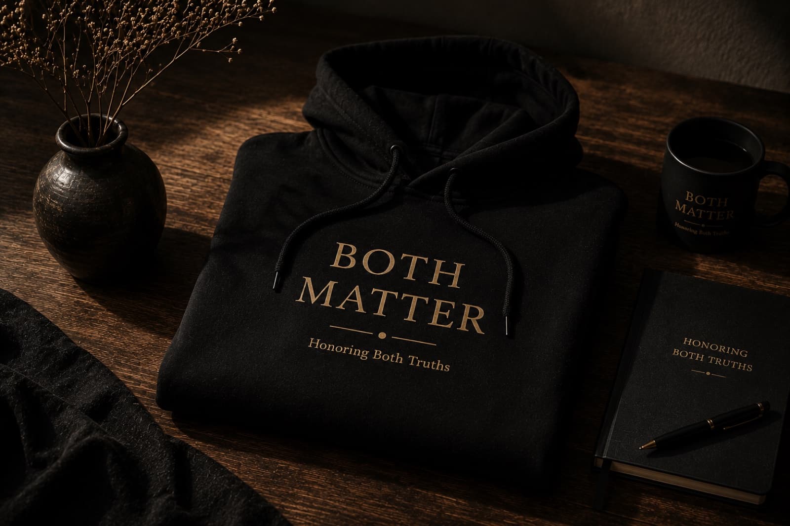 Black Both Matter hoodie folded on a warm wooden table beside a journal and mug.